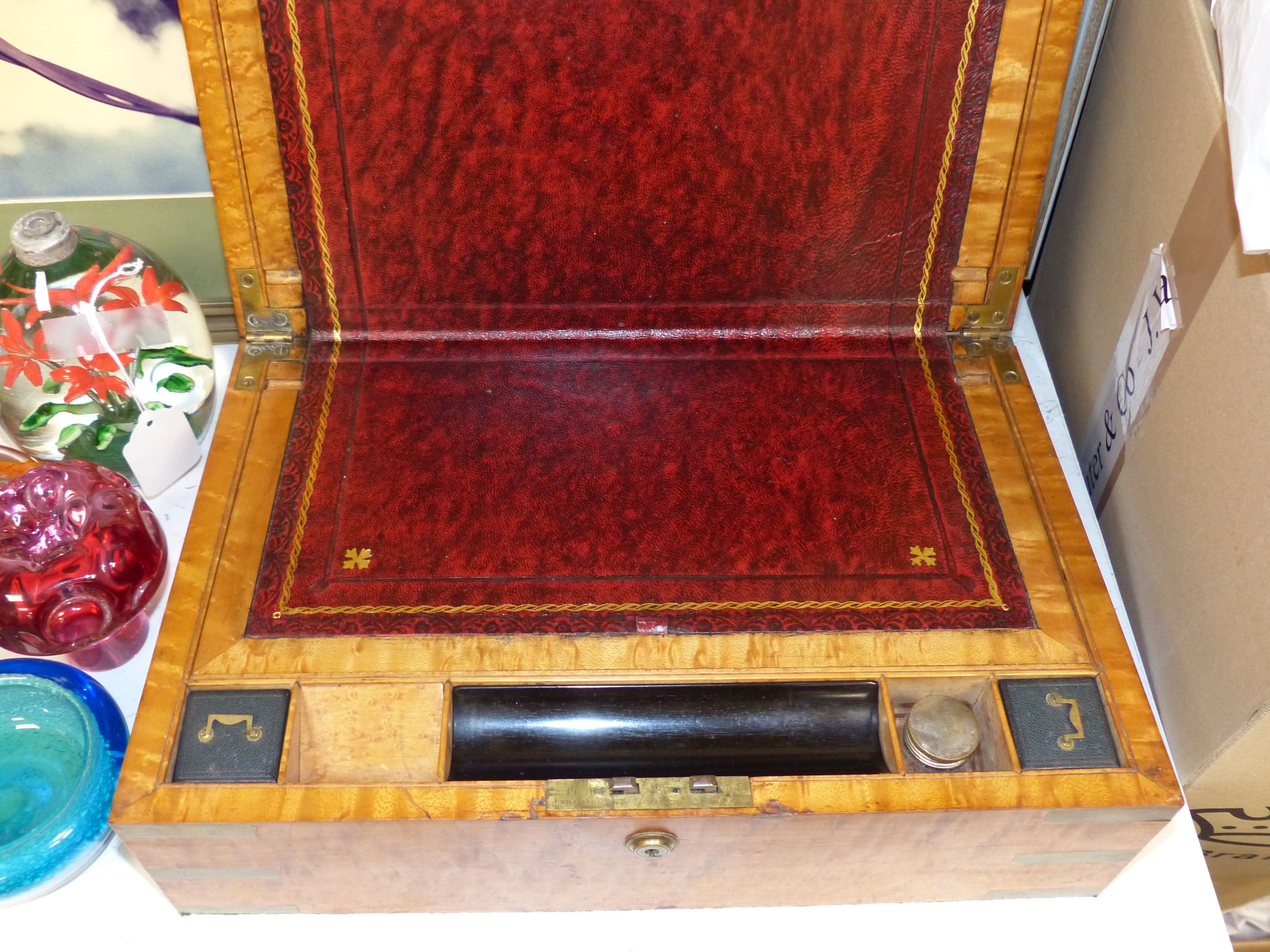 A Victorian bird's eye maple writing slope, 40cm